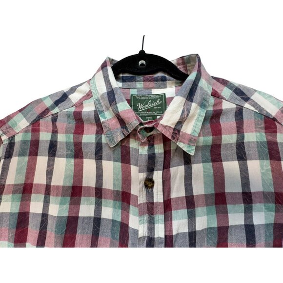 Woolrich Mens Plaid Short Sleeve Button-Up Shirt L Burgendy Green - Picture 3 of 14